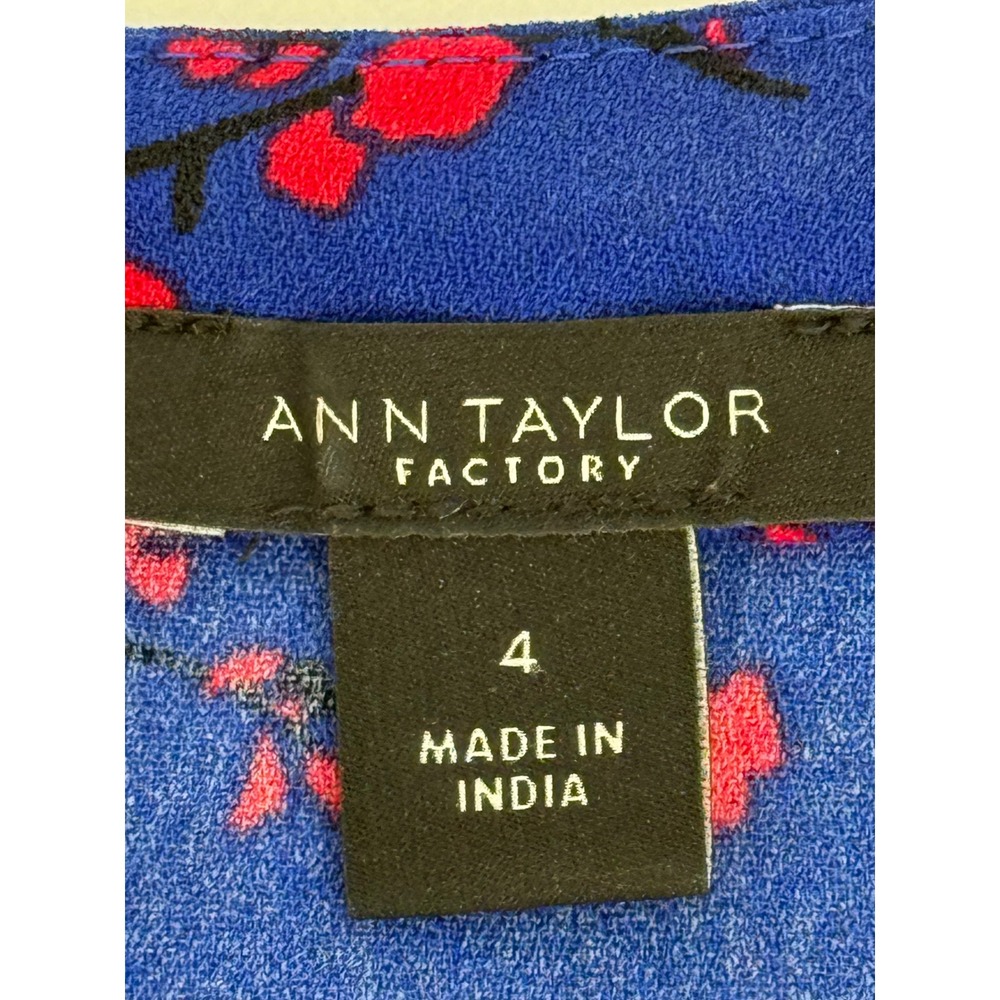 Ann Taylor Factory Blue Red Floral V-Neck 3/4 Sleeve Midi Dress Womens Sz 4 - Picture 7 of 8